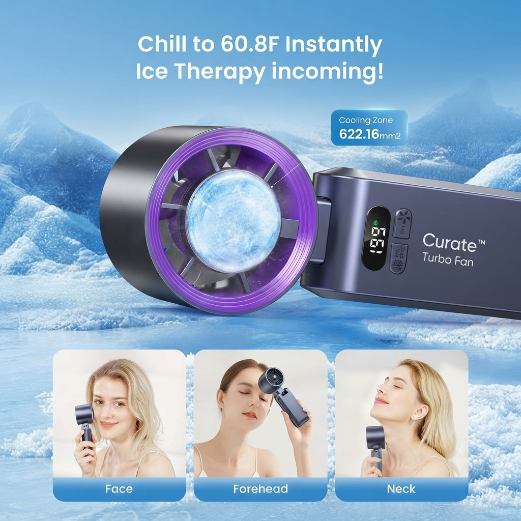 Curate™ Handheld Portable Turbo Fan with Ice Cooler, Speed (1-199) Rechargeable Personal Fan